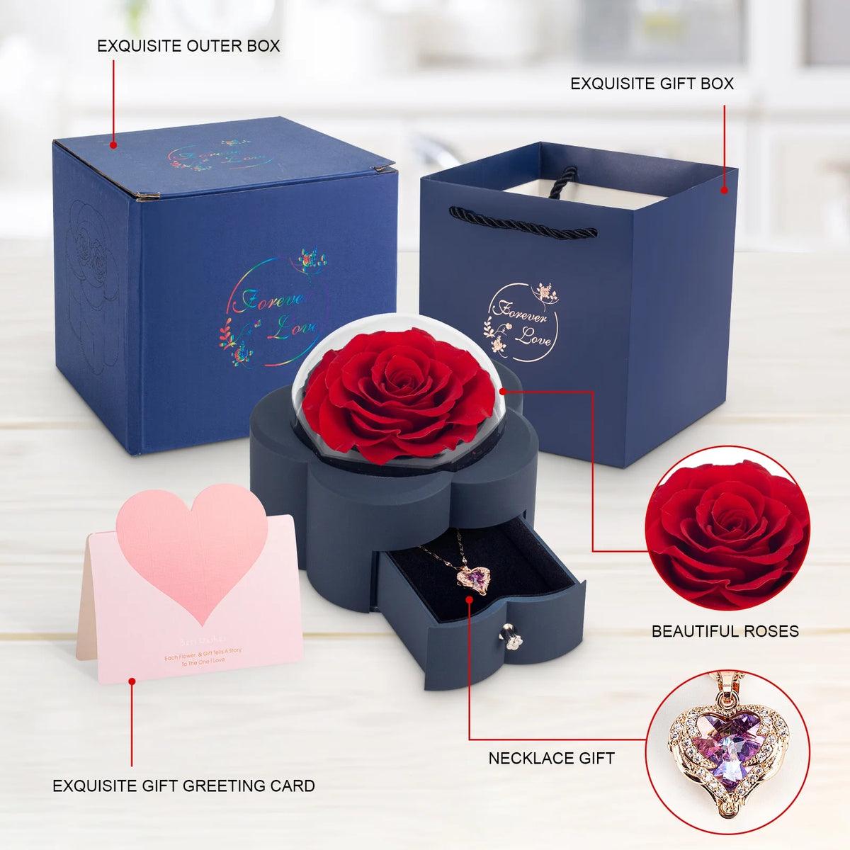 Preserved rose in gift box with necklace