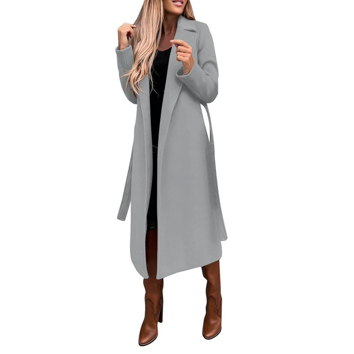 Women's belted long wrap coat