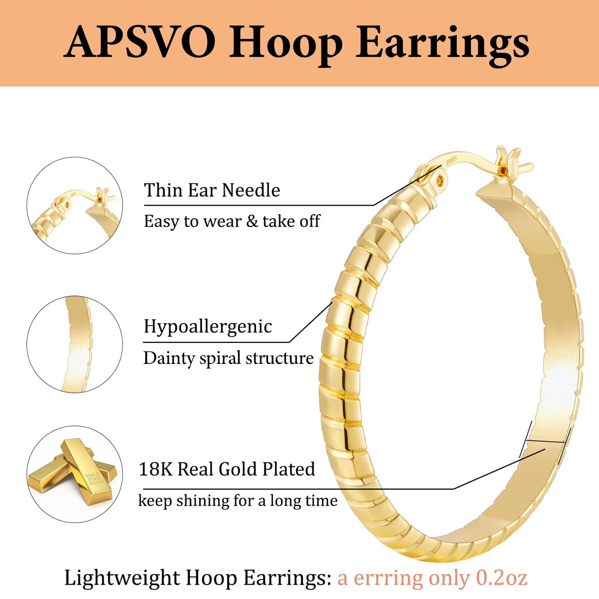 18K gold plated hoop earrings set for women