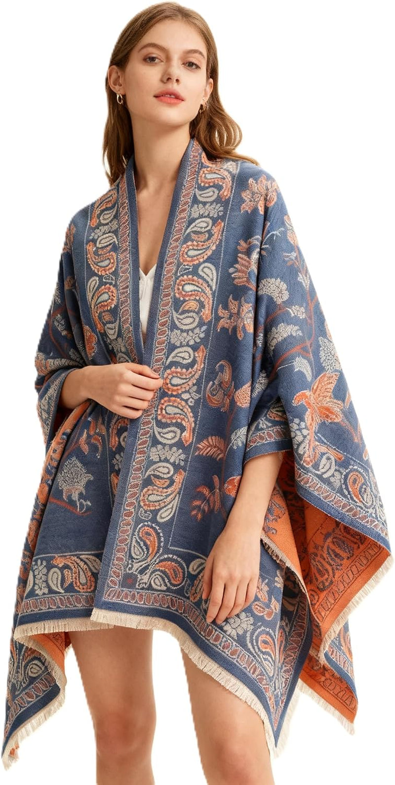 Reversible pashmina shawl wrap in blue and orange