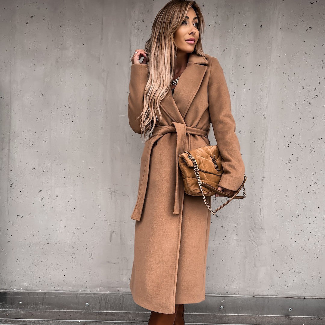 Women's belted long wrap coat