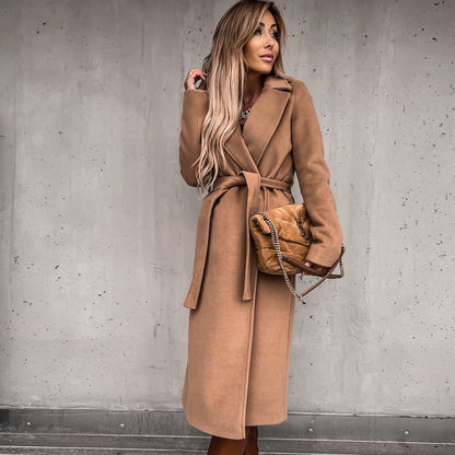 Women's belted long wrap coat