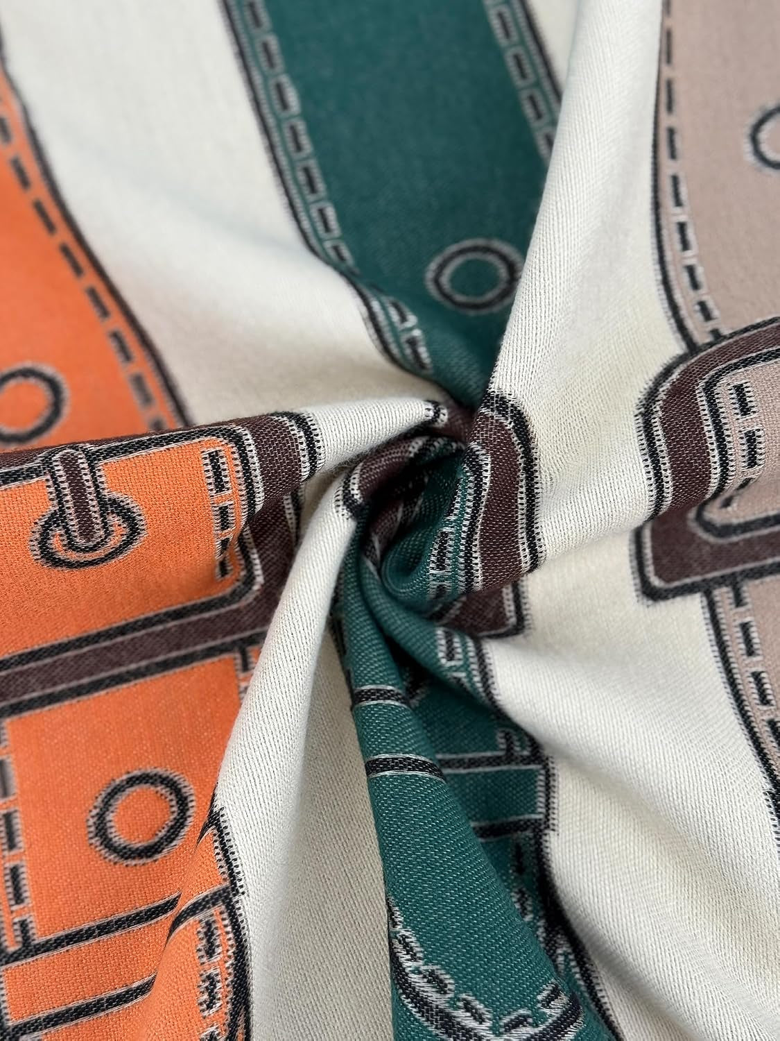 Reversible pashmina shawl wrap in ivory, green and orange