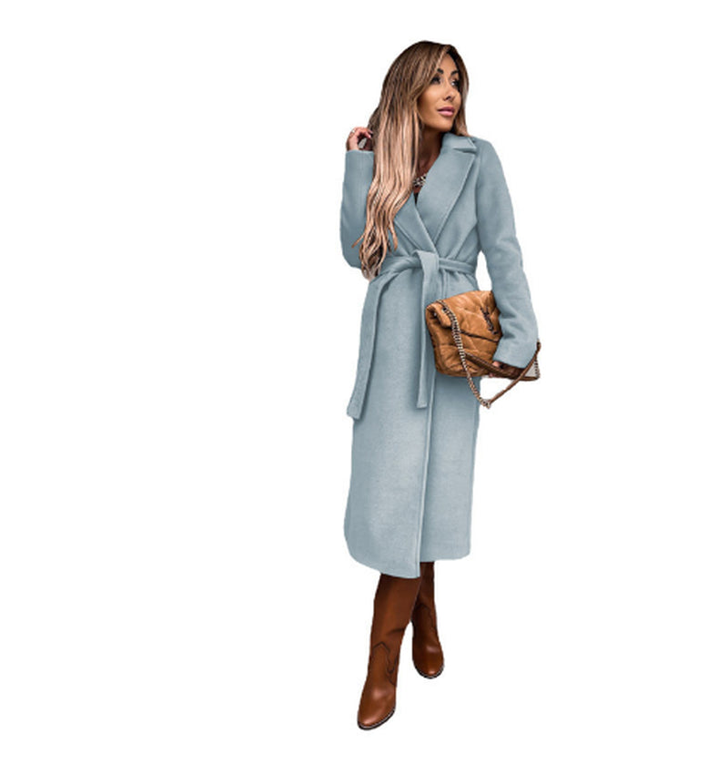 Women's belted long wrap coat