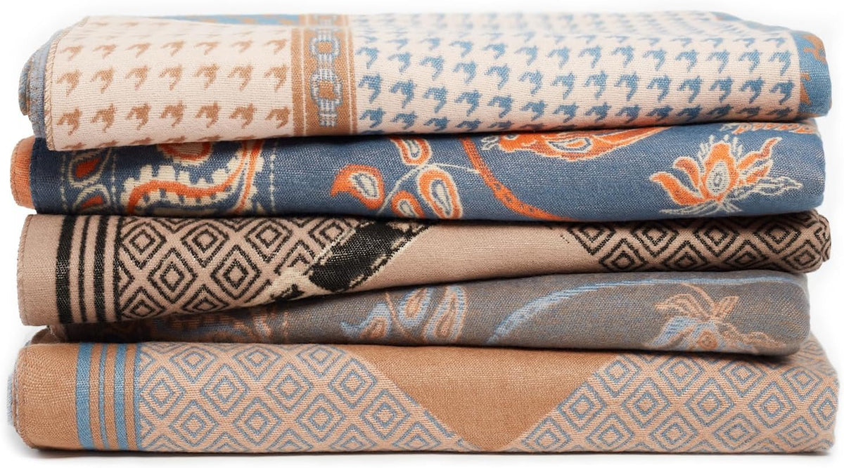 Reversible pashmina shawl wrap in blue and orange