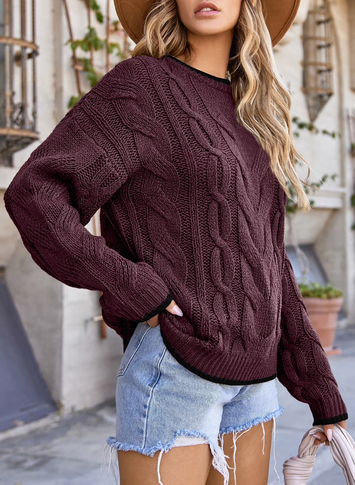 Women's cable knit crewneck sweater