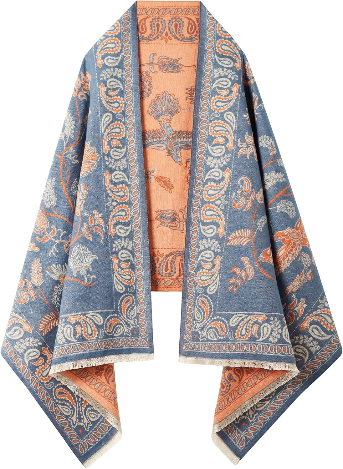 Reversible pashmina shawl wrap in blue and orange