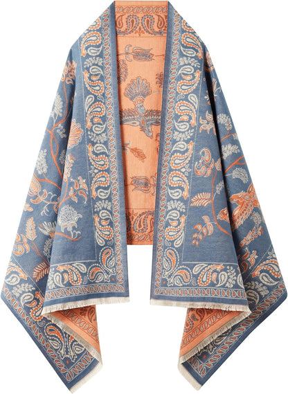 Reversible pashmina shawl wrap in blue and orange