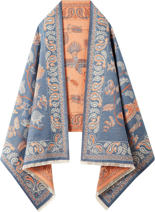 Reversible pashmina shawl wrap in blue and orange