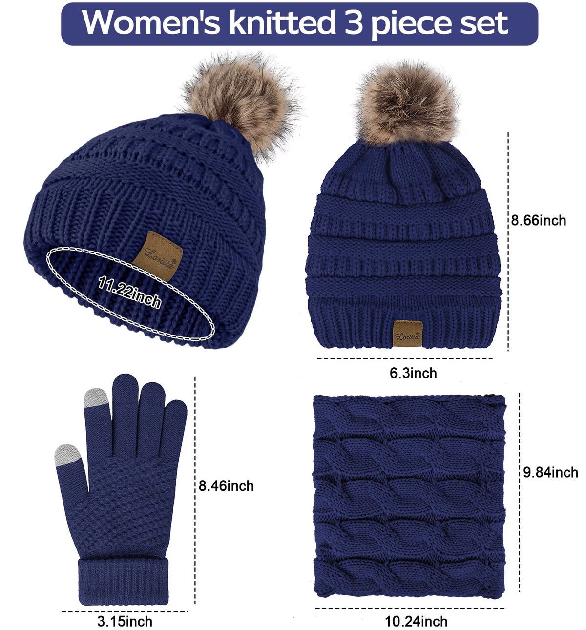 Women's winter beanie, scarf and gloves set