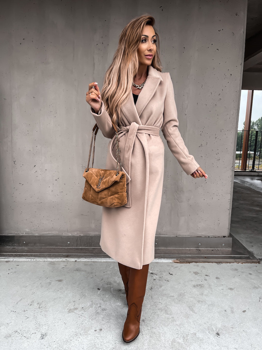 Women's belted long wrap coat