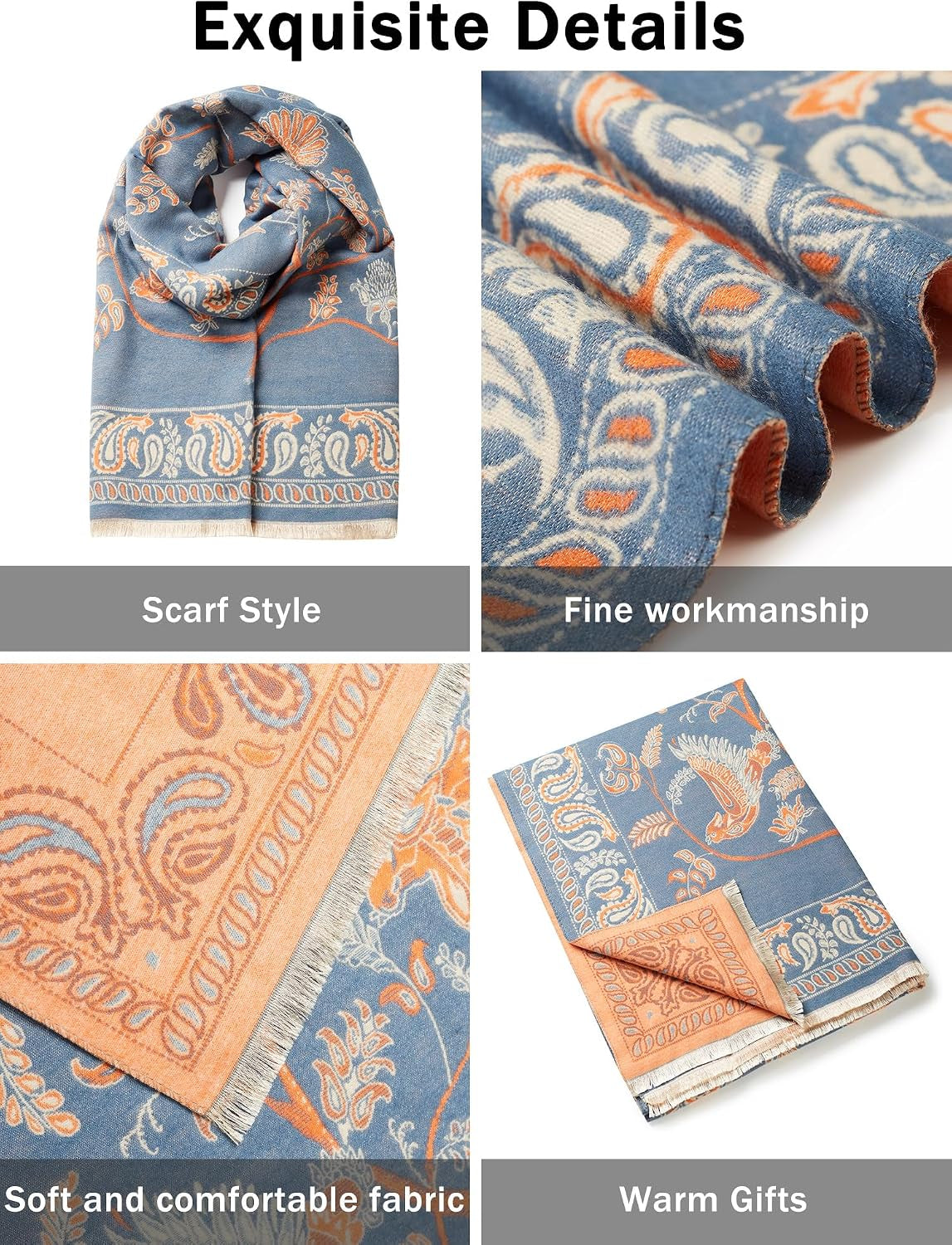 Reversible pashmina shawl wrap in blue and orange