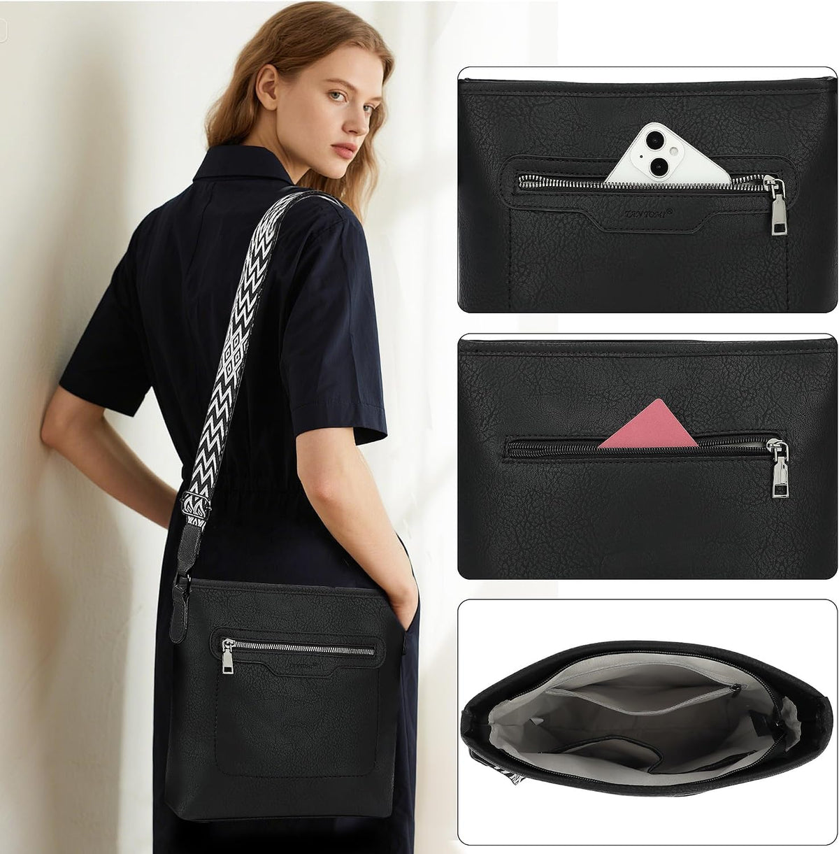 Women's black vegan leather crossbody bag