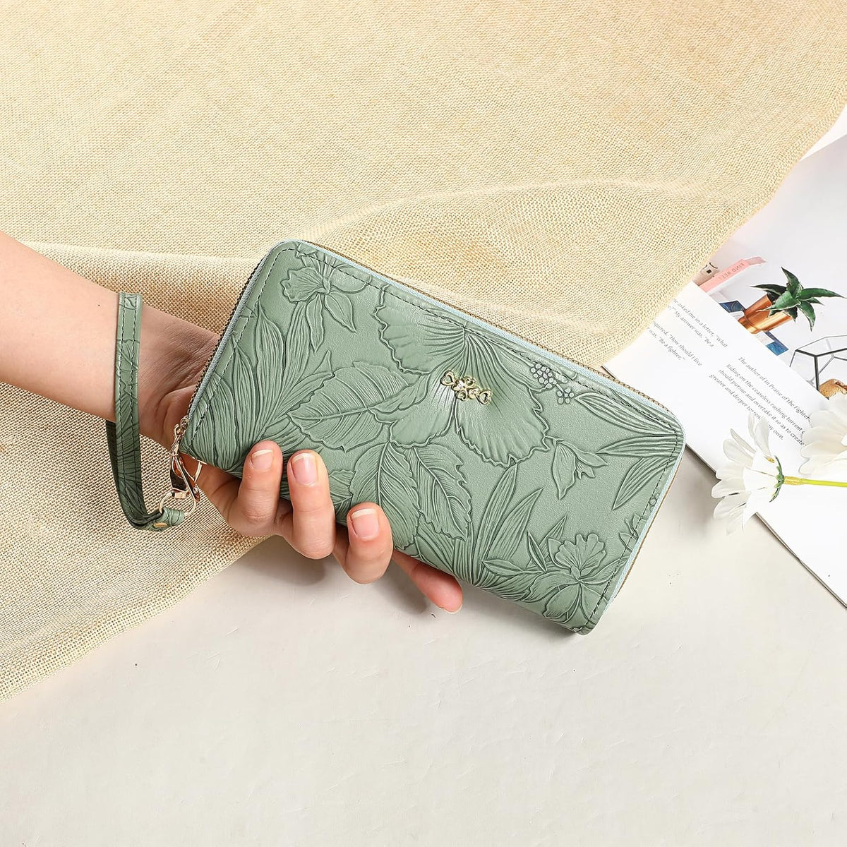 Women's RFID blocking wristlet wallet in green