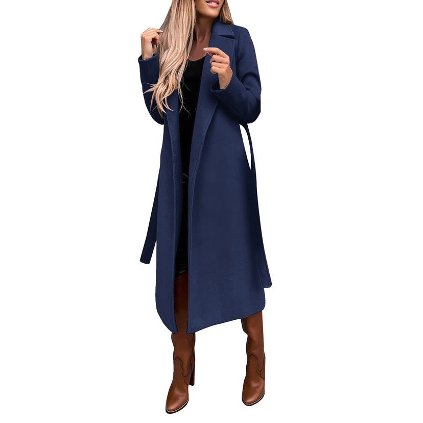 Women's belted long wrap coat