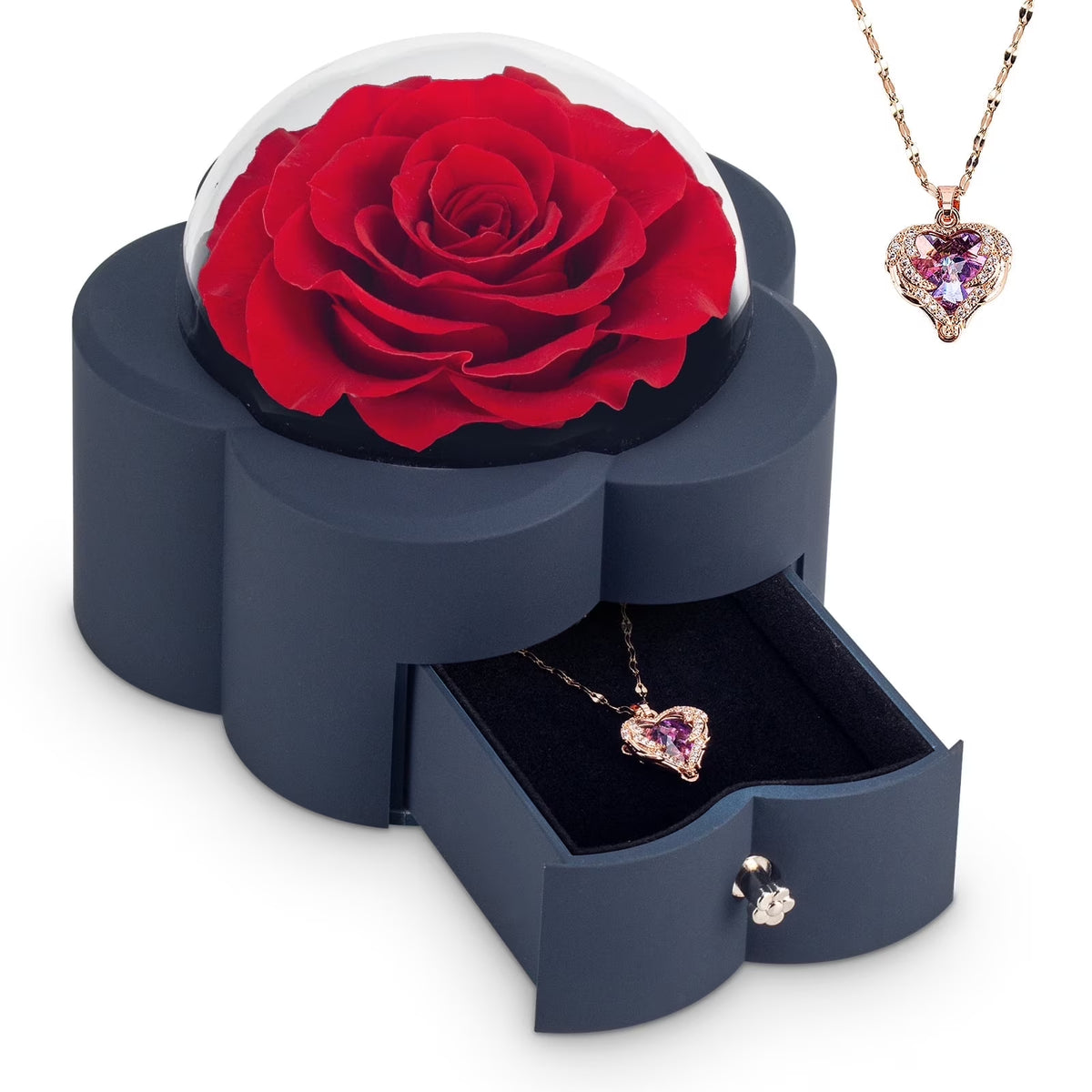 Preserved rose in gift box with necklace