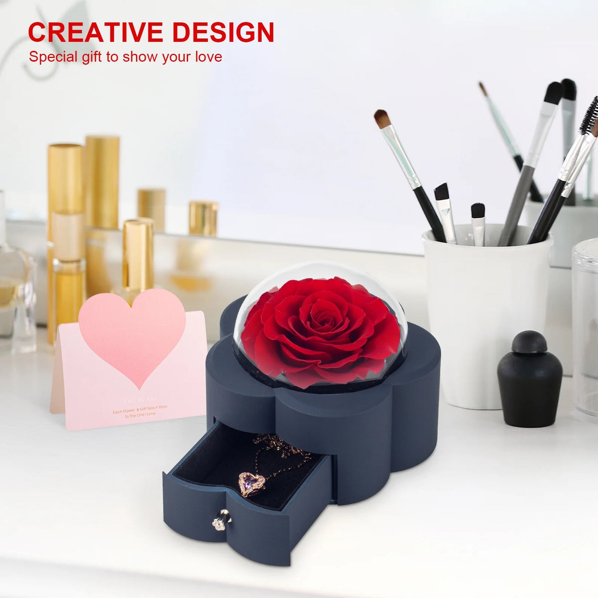 Preserved rose in gift box with necklace