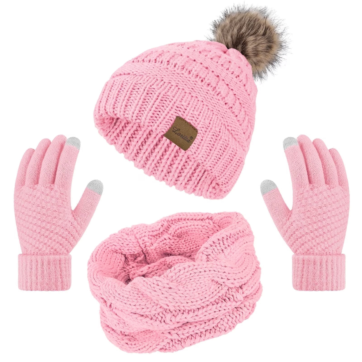 Women's winter beanie, scarf and gloves set