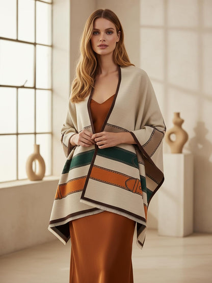 Reversible pashmina shawl wrap in ivory, green and orange