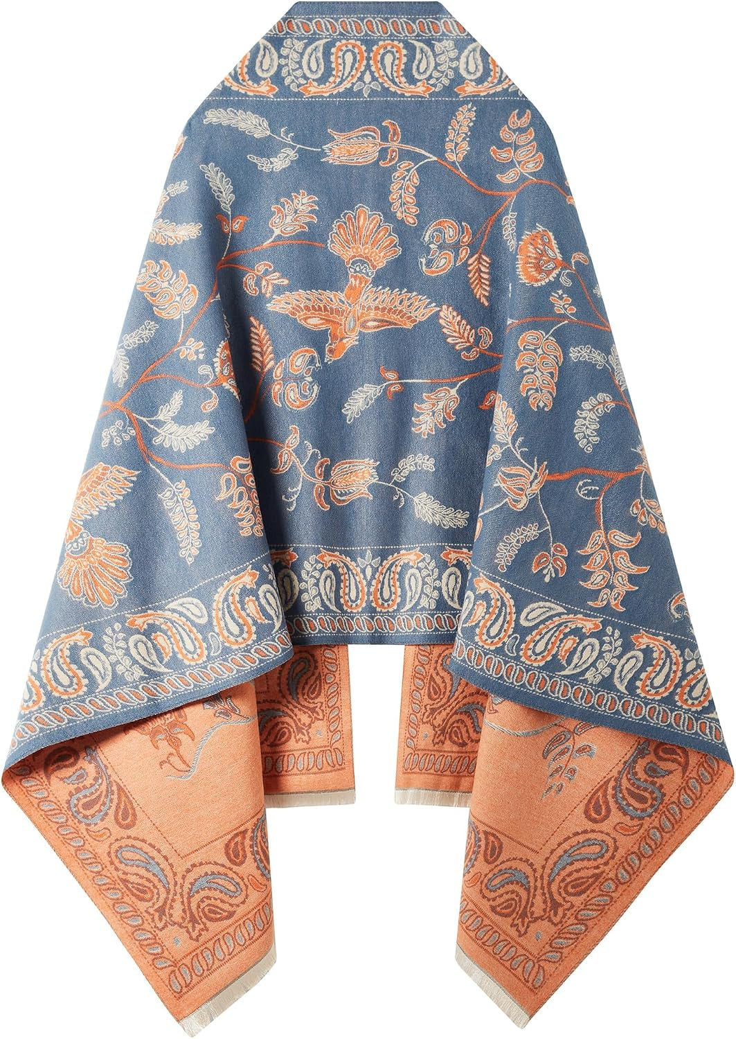 Reversible pashmina shawl wrap in blue and orange