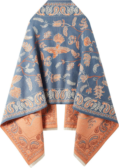 Reversible pashmina shawl wrap in blue and orange
