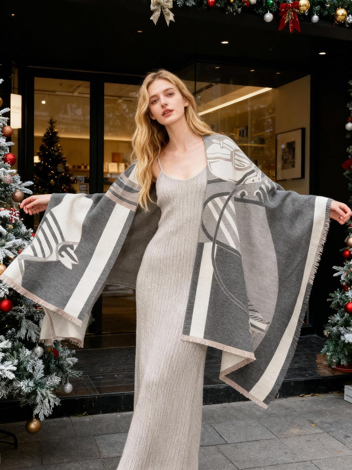 Reversible pashmina shawl wrap in dark grey and white