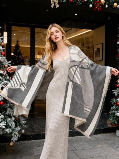 Reversible pashmina shawl wrap in dark grey and white