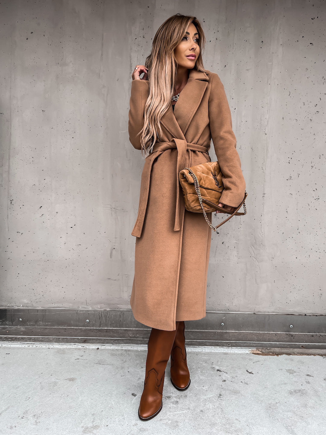 Women's belted long wrap coat