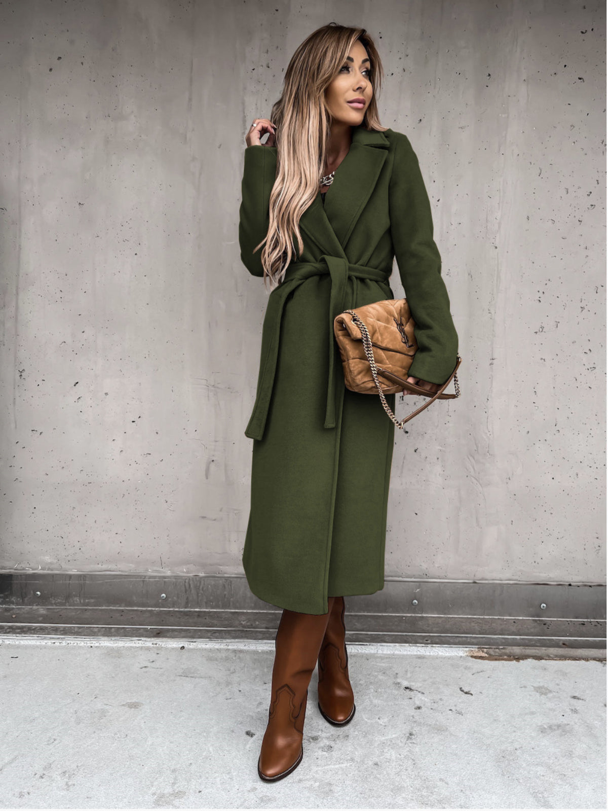 Women's belted long wrap coat