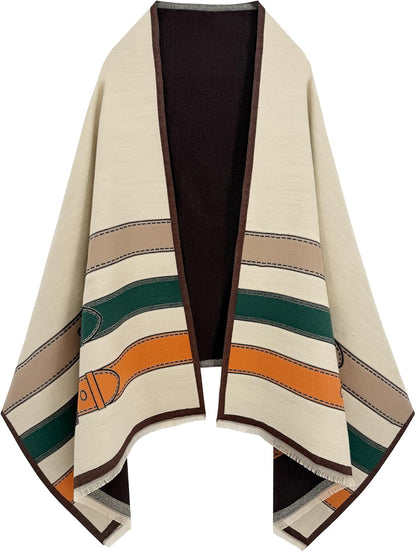Reversible pashmina shawl wrap in ivory, green and orange