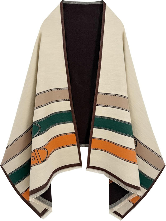 Reversible pashmina shawl wrap in ivory, green and orange