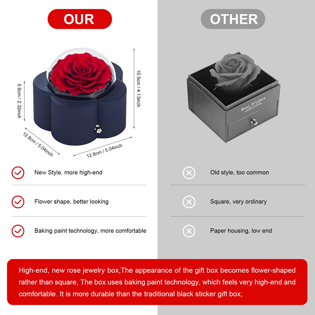 Preserved rose in gift box with necklace