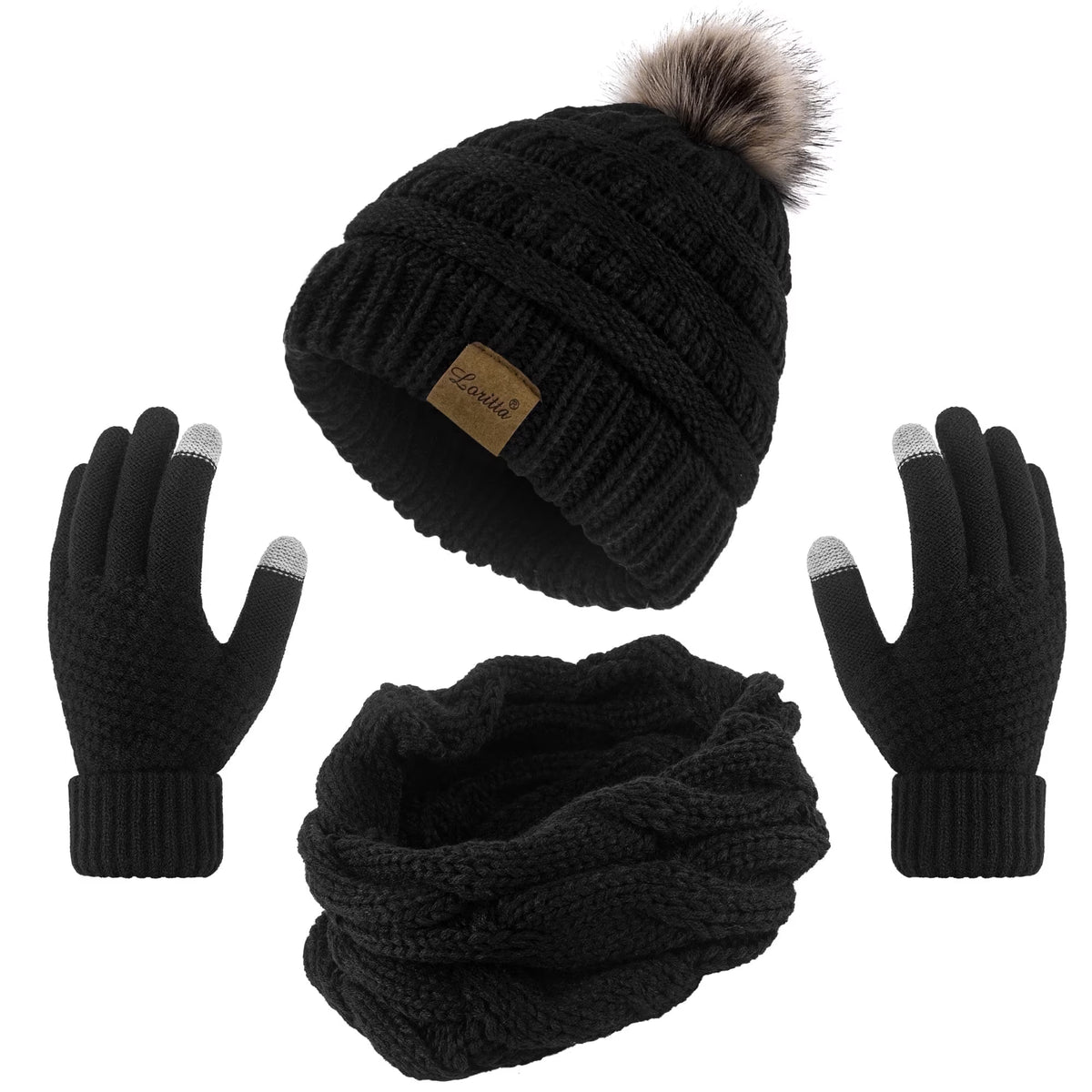 Women's winter beanie, scarf and gloves set