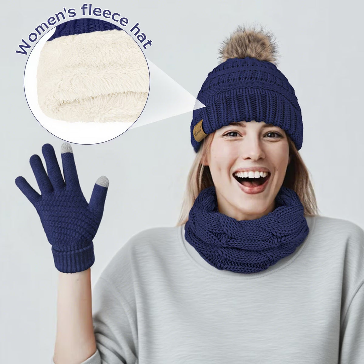 Women's winter beanie, scarf and gloves set