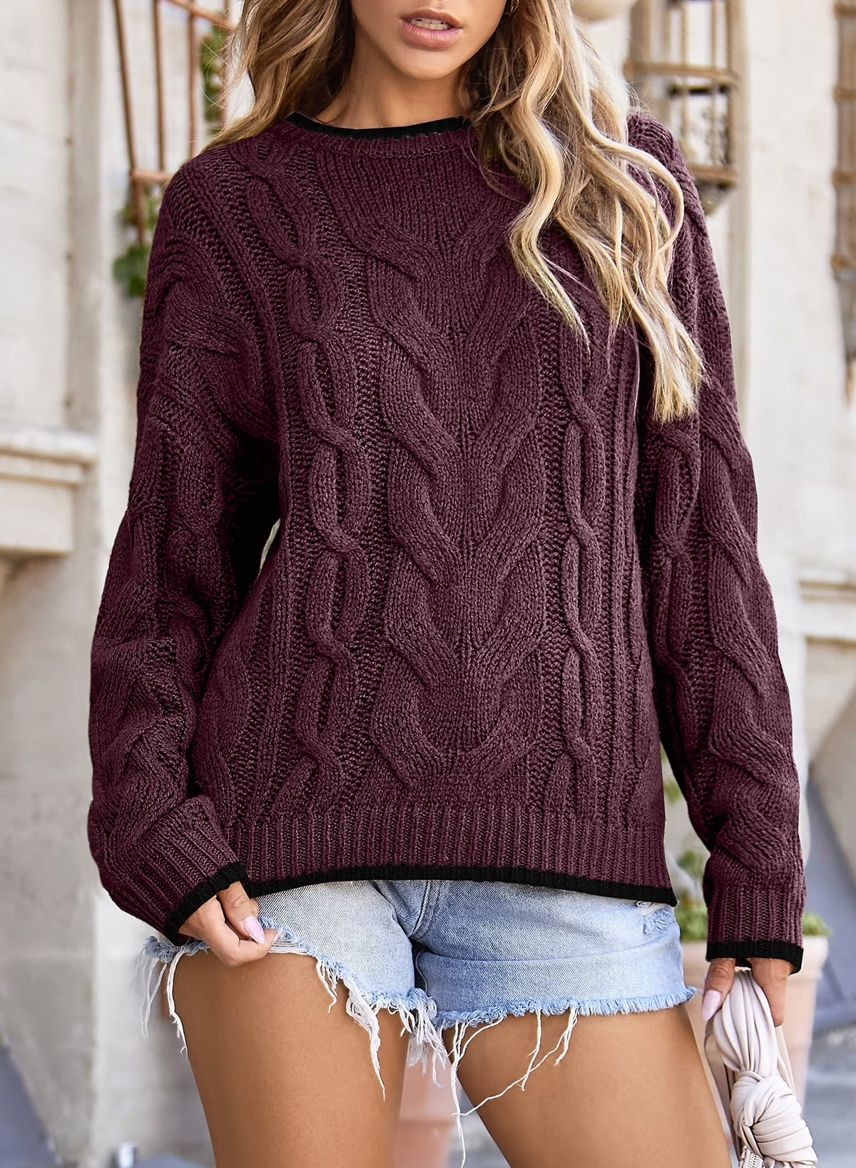 Women's cable knit crewneck sweater