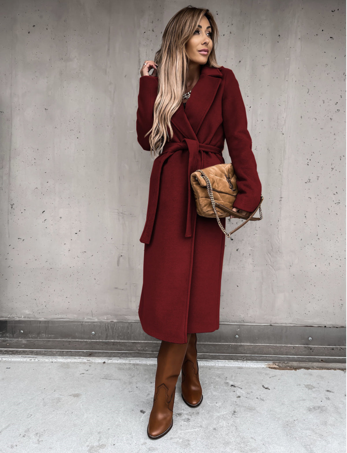 Women's belted long wrap coat