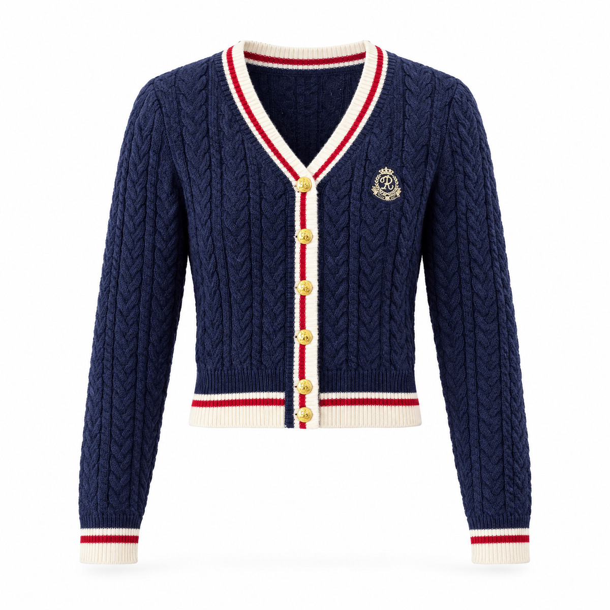 Women's cropped cable knit cardigan in navy blue on white background