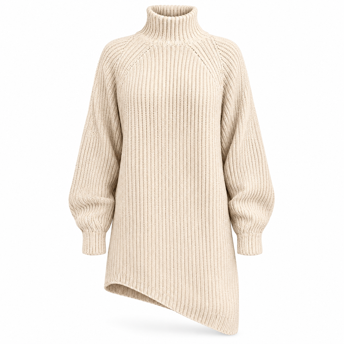 Women's cream oversized turtleneck sweater dress on white background