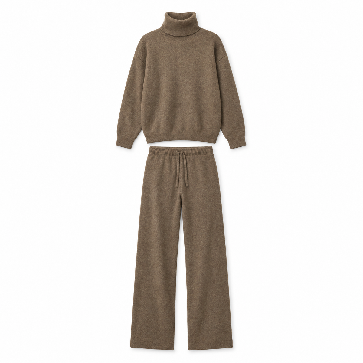 Women's taupe turtleneck sweater and pants knit set on white background