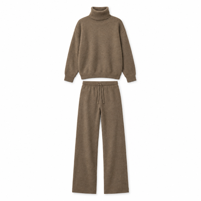 Women's taupe turtleneck sweater and pants knit set on white background