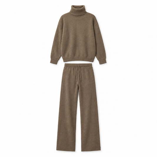 Women's taupe turtleneck sweater and pants knit set on white background