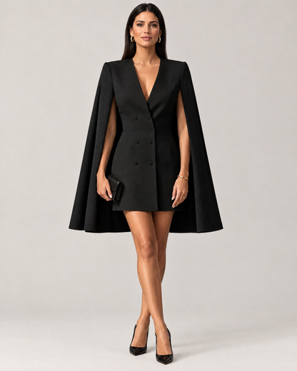 Woman wearing black cape blazer mini dress with heels