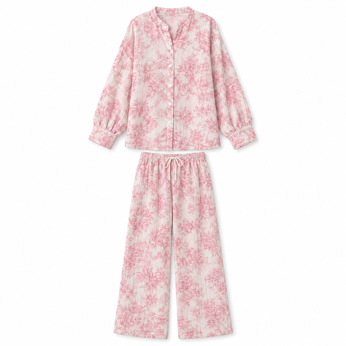 Women's pink floral print pajama set on white background