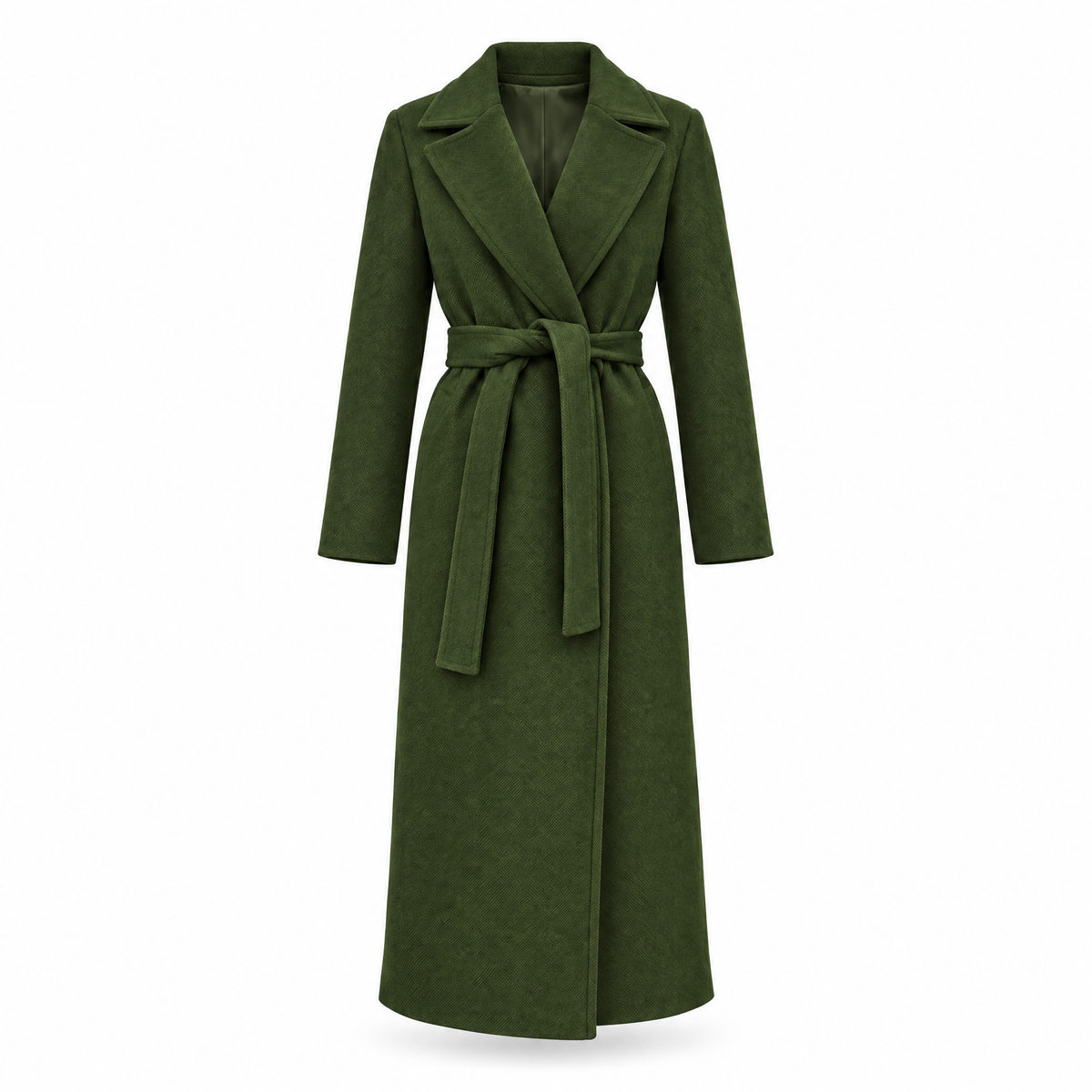 Women's army green belted long wrap coat on white background