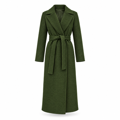 Women's army green belted long wrap coat on white background