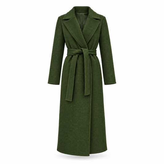 Women's army green belted long wrap coat on white background