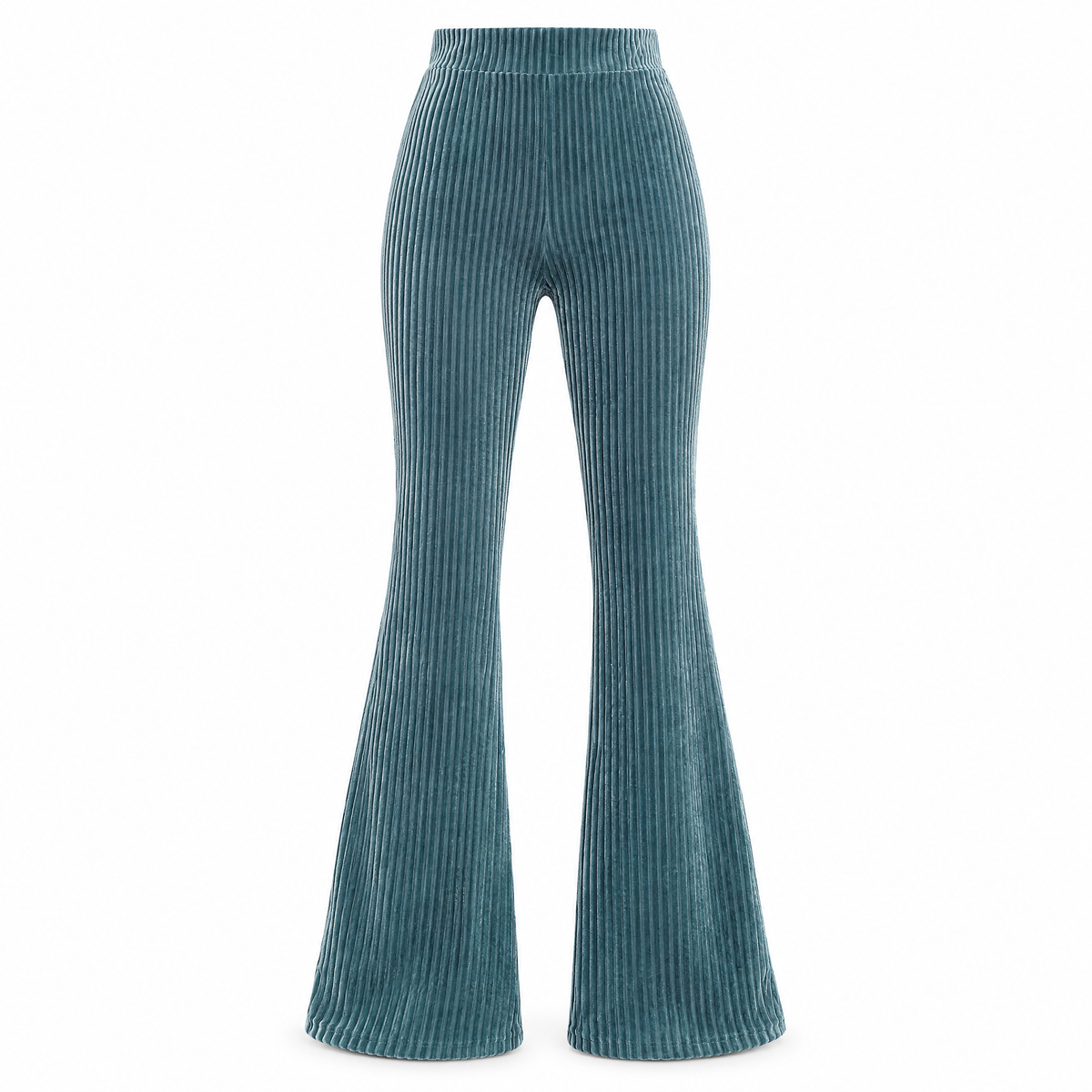 Women's peacock blue high waist flare pants on white background