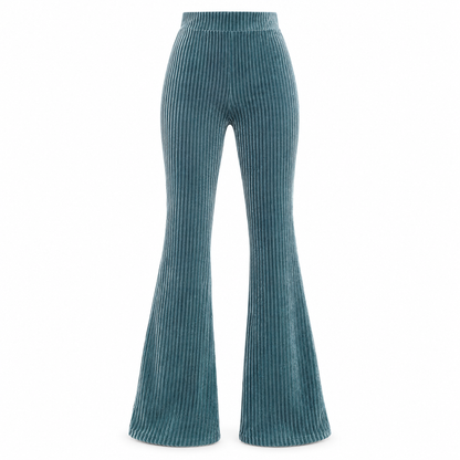 Women's peacock blue high waist flare pants on white background