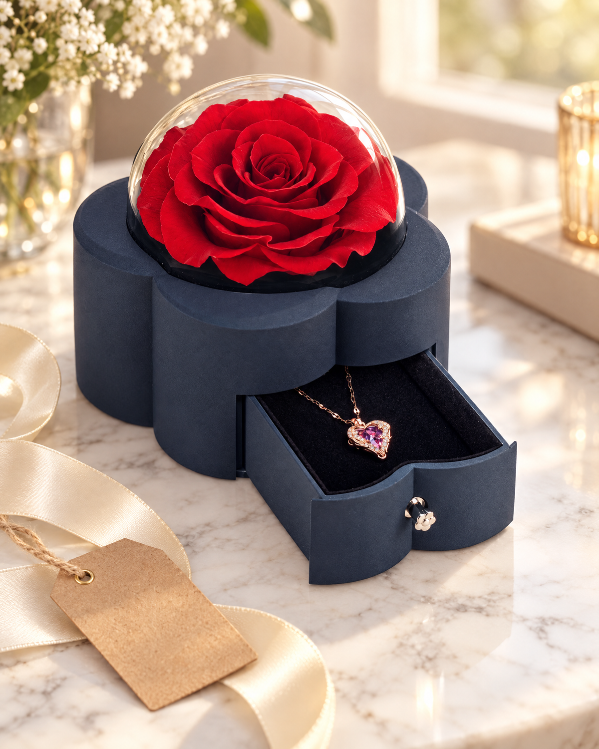 Preserved red rose gift box with heart necklace on a marble table