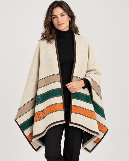 Woman wearing ivory, green and orange striped shawl wrap